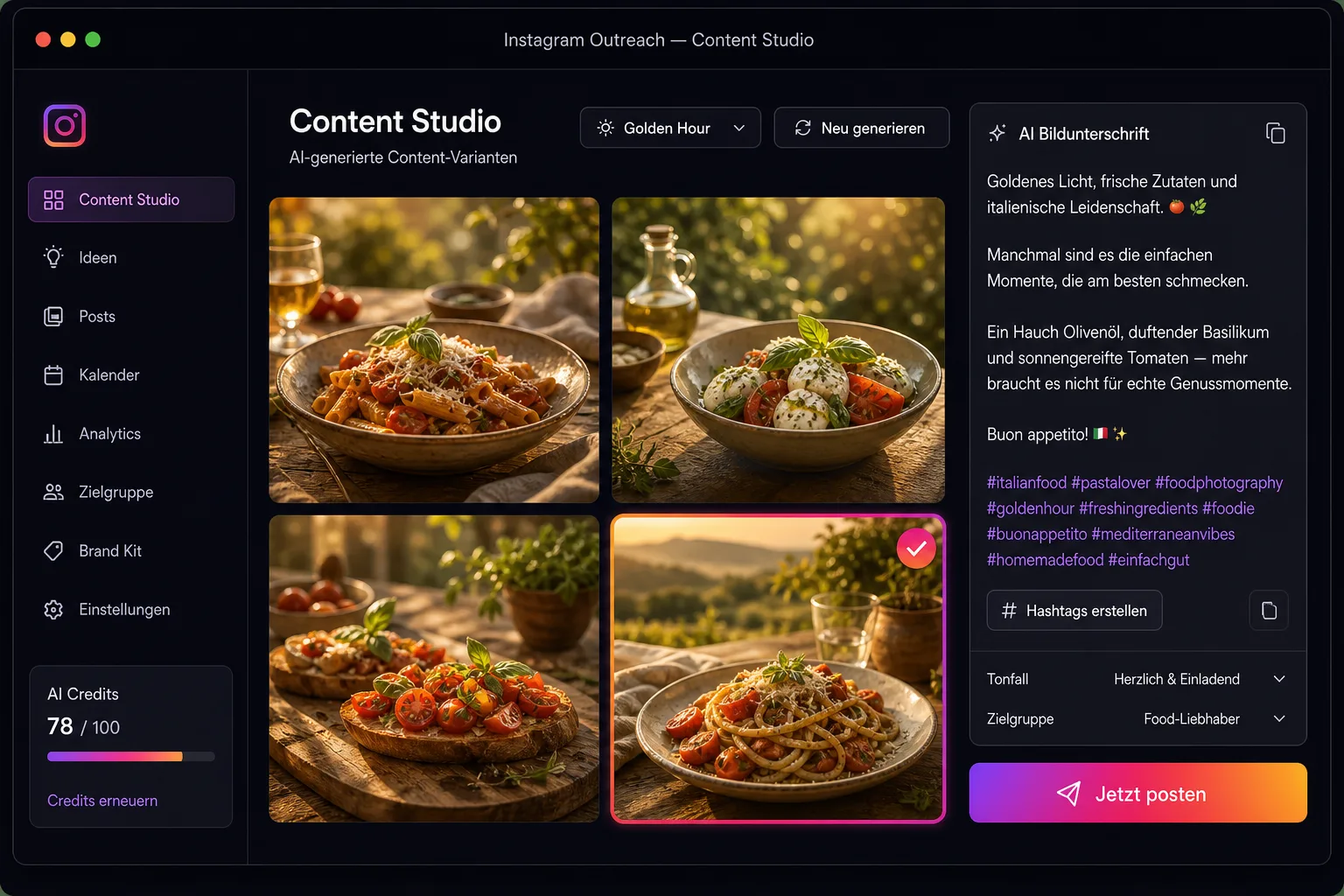 KI-Content-Studio — fotorealistische Posts mit Caption-Varianten